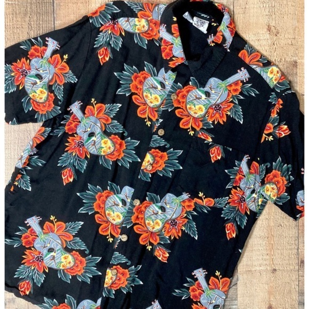Kennington Ltd Mens Hawaiian Shirt Black Ukulele‎ Floral Rayon Large